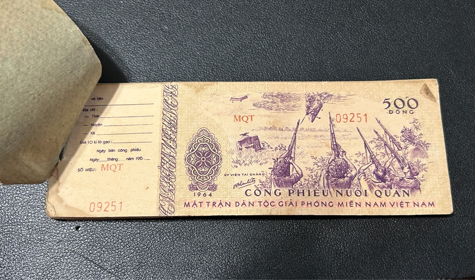 1964 Vietnam Vietcong Cong Phieu Nuoi Quan 500 Dong Credit ORIGINAL BOOK 23 NOTE