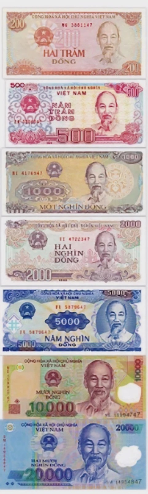 7PCS 200 500 1000 2000 5000 10000 20000 Vietnam Dong Paper Money UNC F.Shipping