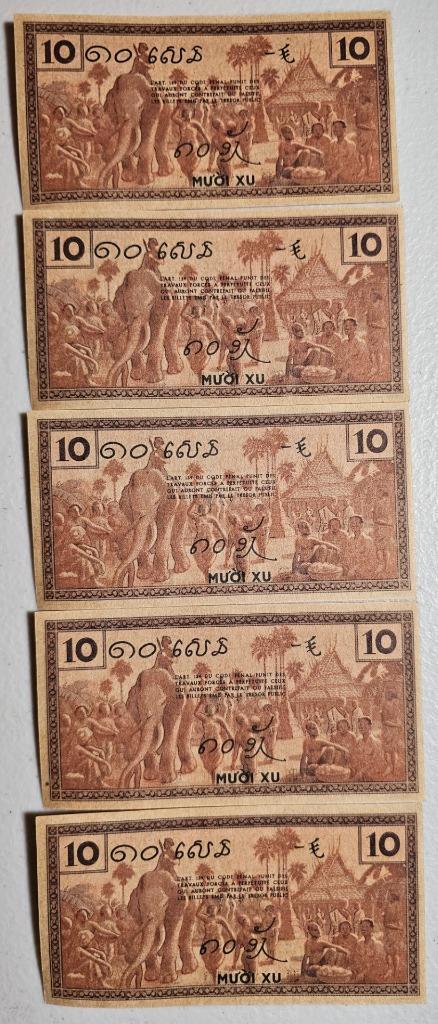 Indochina 10 Cents 1939 Unc Lot of 5 Consecutive Serial #128905-09 EN