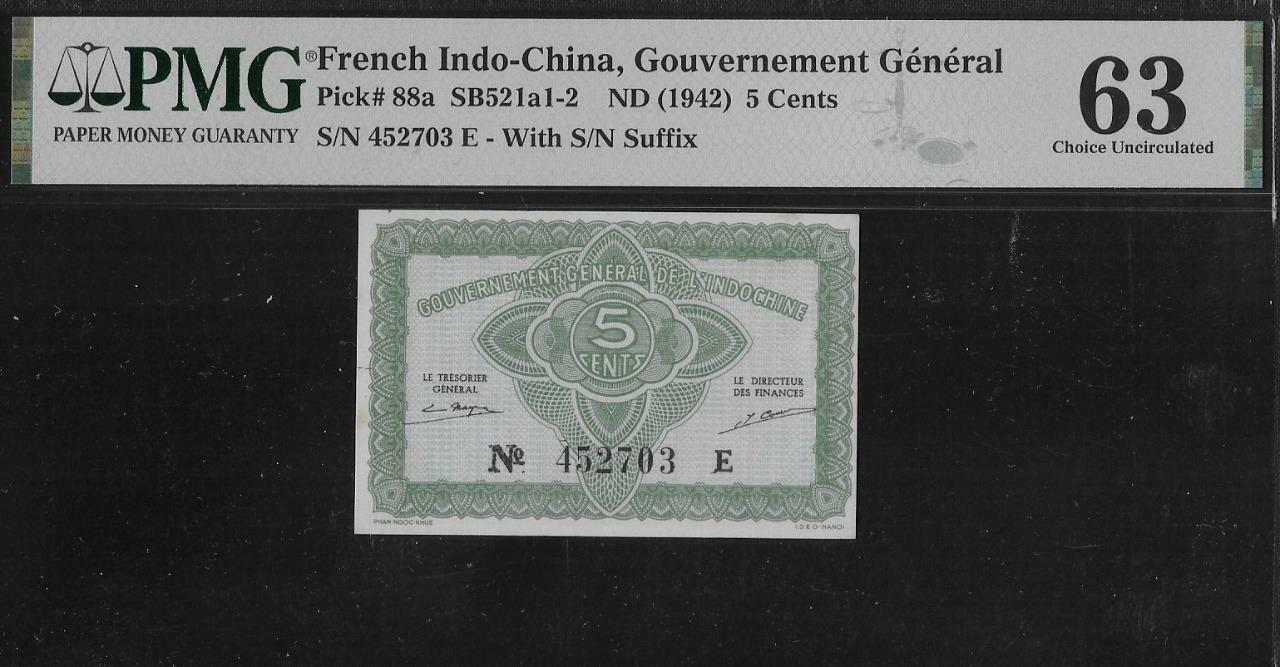 French Indochina P-88a 5 Cents 1942 PMG 63 Minor Stains