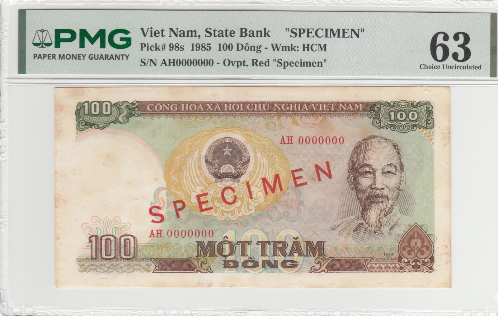 1985 Dem/Rep of Vietnam SPECIMEN, PMG Certified 100 Dong Bank Notes P#98s.