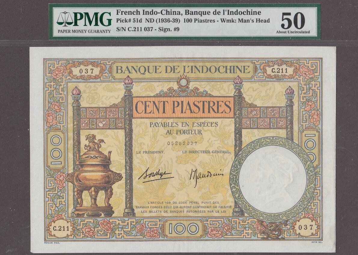 French Indochina 100 Piastres Note P-51d ND (1936-39) PMG 50