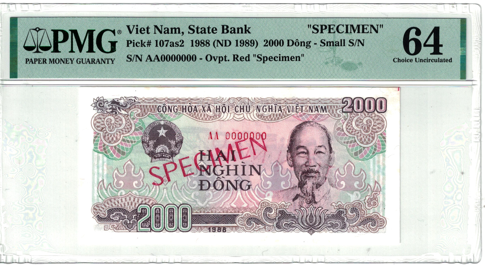 VIETNAM – SPECIMEN 2000 DONG 1988 PICK# 107as2 PMG: 64 Choice UNC. #PL2362