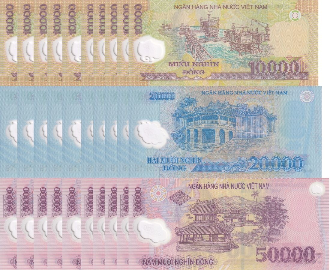 Vietnam SET 3 X Lot 10 = 30 UNC 10000 – 50000 Dong Random Year P 119-121 polymer