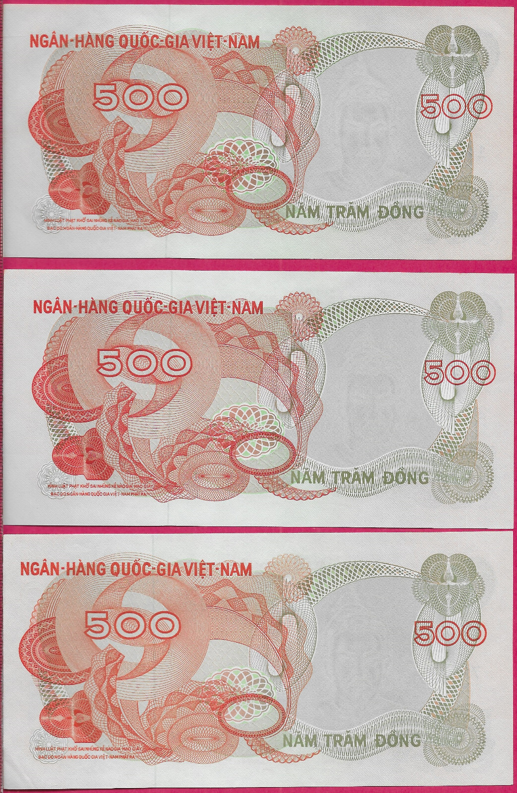 VIETNAM SOUTH 500 DONG 1970 XF 3 NOTES P9-T9-Y9,ISSUING REGIME:SECOND REPUBLIC