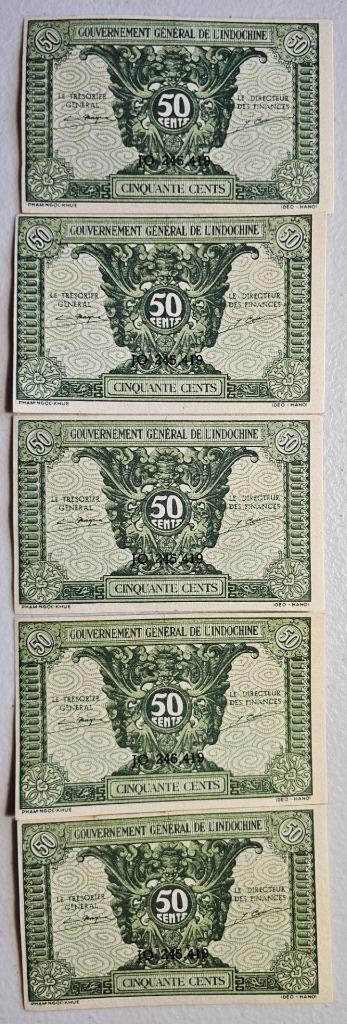 Indochina 50 Cents 1942 Unc Lot of 5 Identical Serial #JQ 245.419