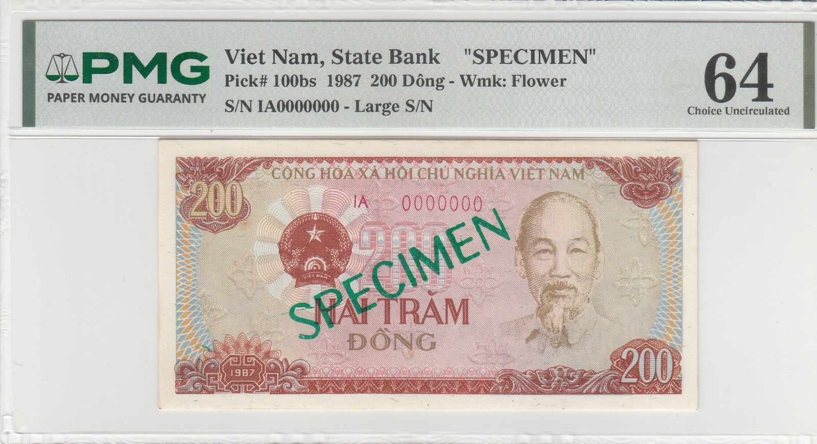 1987 Dem/Rep of Vietnam SPECIMEN, PMG Certified 200 Dong Bank Notes P#100bs.