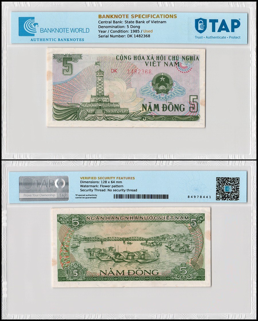 Vietnam 5 Dong, 1985, P-92, Used, TAP Authenticated
