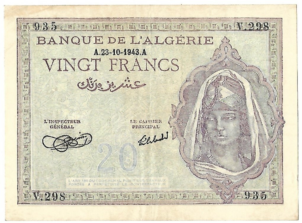 uq010 1943 ALGERIA Banque De l’Algerie Vingt Francs 20 Banknote French