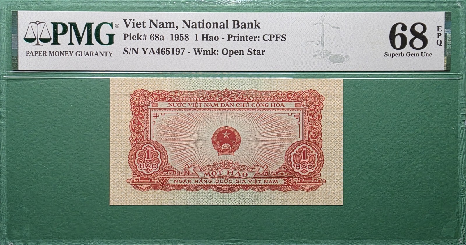 1958 VIETNAM 1 HAO P# 68a OPEN STAR PMG 68 EPQ SUPERB GEM UNC TOP POP!