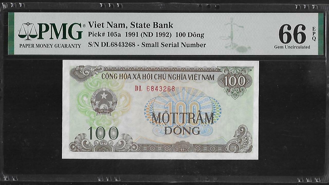 Vietnam P-105a 100 Dong 1991 Small Serial Number PMG 66 EPQ