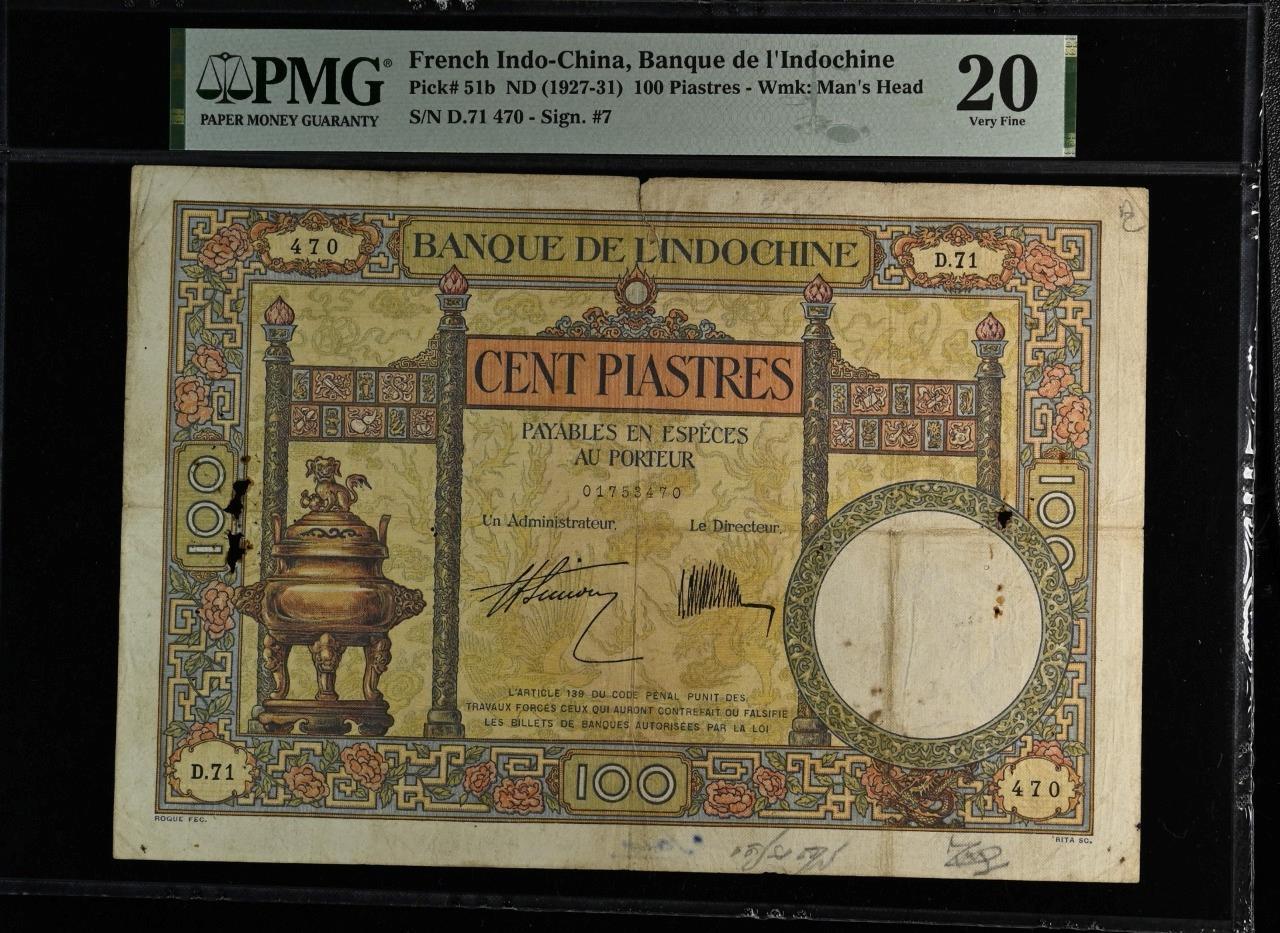 Indochina P-51b 100 Piastres 1927-31 Daniel Cat. Plate Note PMG 20 Rust, etc.