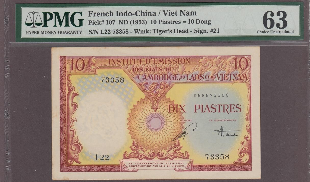French Indochina 10 Piastres Banknote P-107 ND (1953) PMG 63