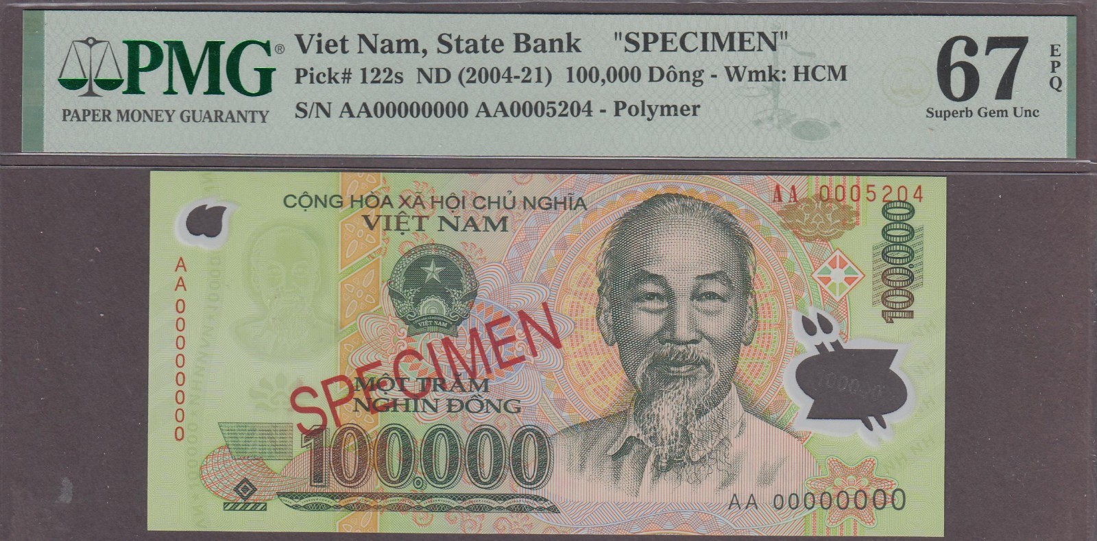 Vietnam 100000 Specimen Banknotes P-122s PMG 67 EPQ