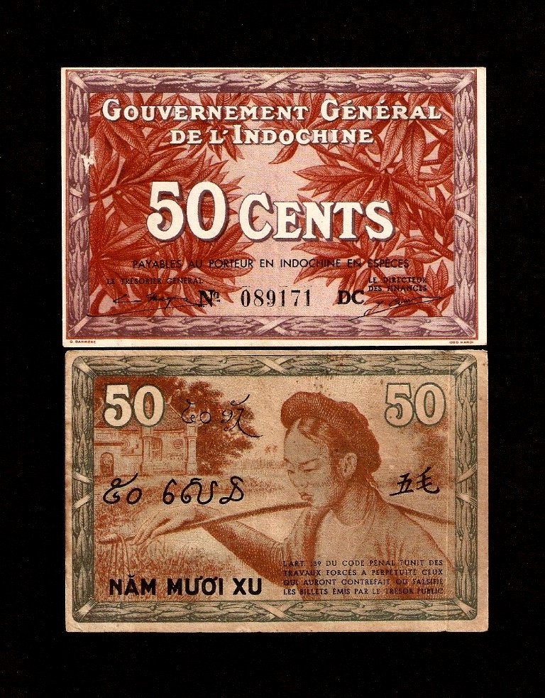 FRENCH INDO CHINA VIETNAM 50 CENTS P87 1939 WOMAN MONEY BILL ASIAN BANK NOTE