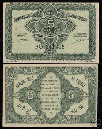 French Indo-China 5 CENTS P-88B 1942 SINGLE PREFIX Vietnamese WorldCurrency NOTE