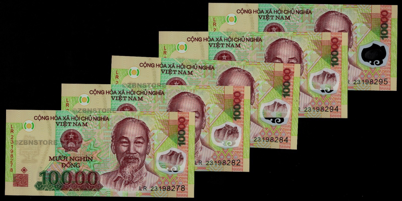 5 x 20 Billion Zimbabwe Dollars + 5 x 10,000 Vietnam Dong Currency Banknotes VND