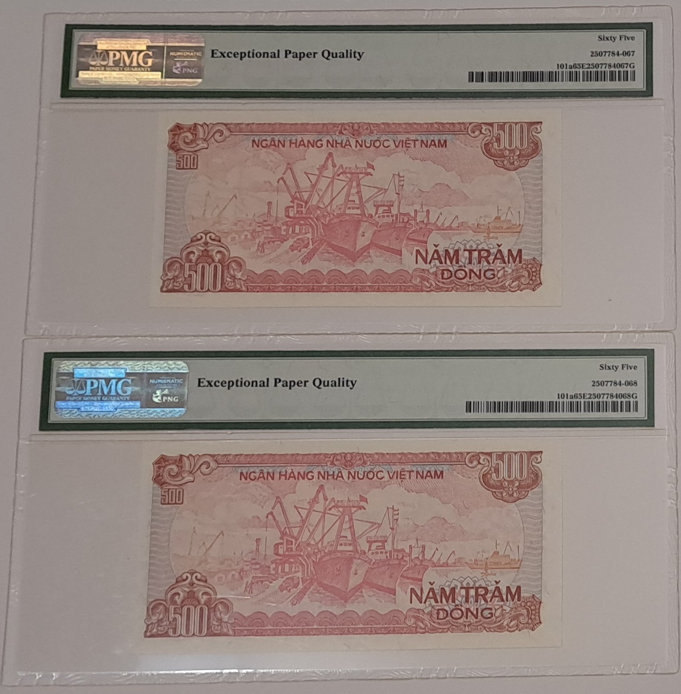 Viet Nam State Bank 500 Dong 1988 SN# MI1595209, MI1595210 (Set of 2) PMG 65 EPQ