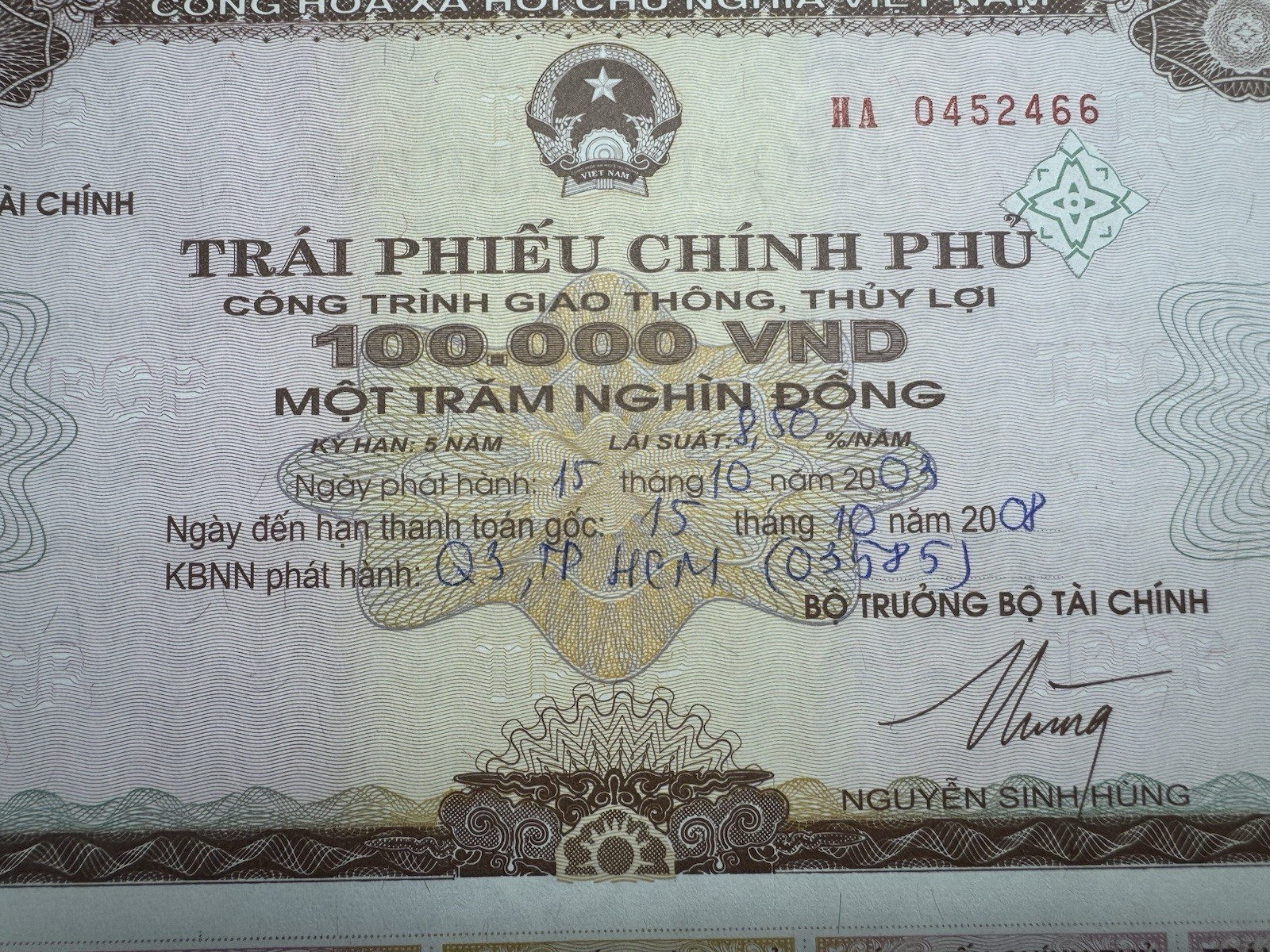 100,000 Dong Goverment Cheque 2003 UNC Rare_LDP Shop.