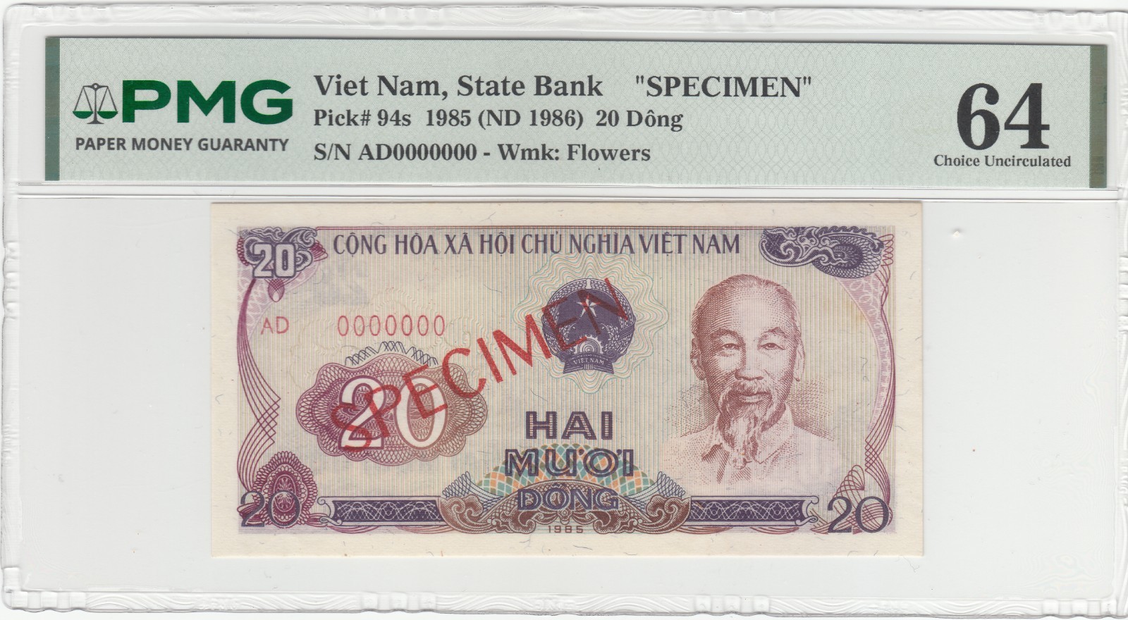 1985 Dem/Rep of Vietnam SPECIMEN, PMG Certified 20 Dong Bank Notes P#94s.