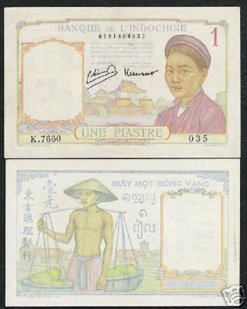FRENCH INDO CHINA 1 PIASTRE P-54 e 1949 BUFFALO AUNC VIETNAM CURRENCY MONEY NOTE