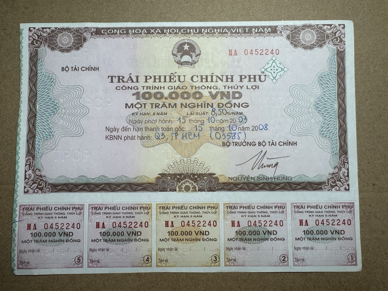100,000 Dong Goverment Cheque 2003 UNC Rare_LDP Shop.
