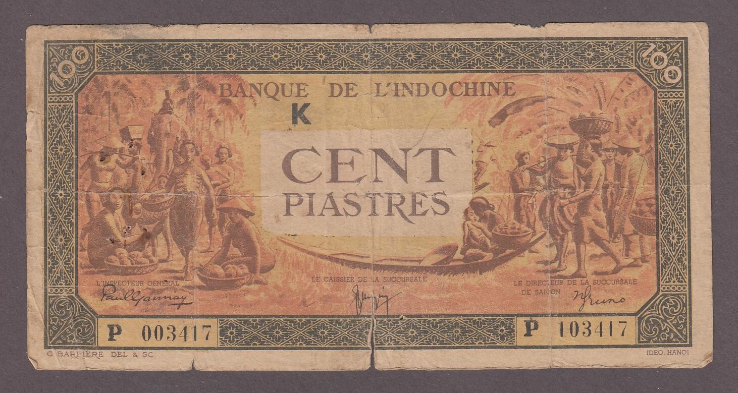 French Indochina 100 Piastre Banknote P-73 ND (1942-45) Letter K