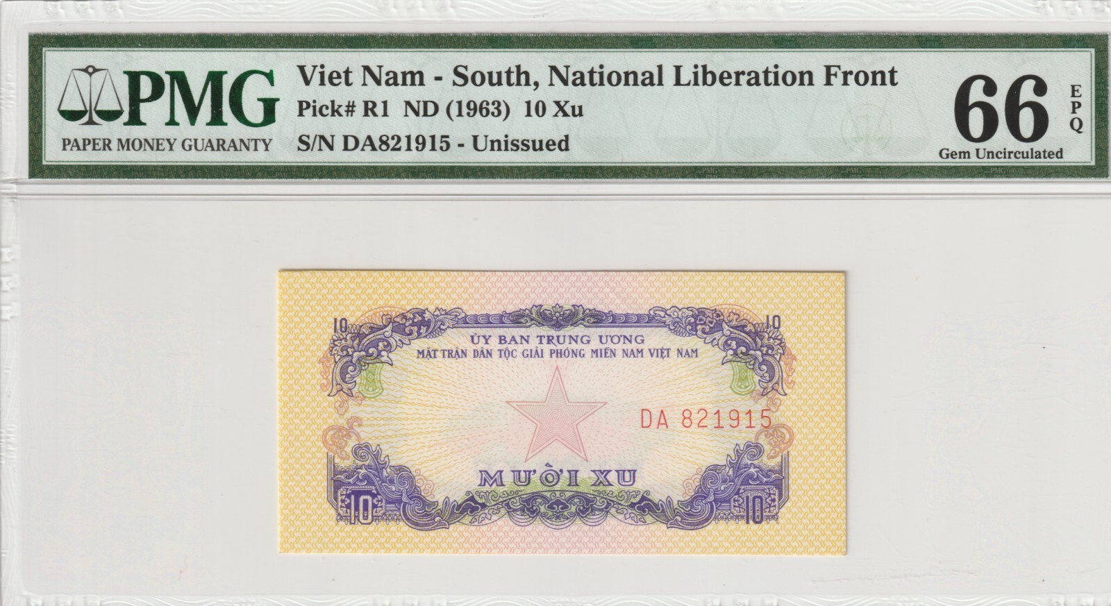 Vietnam 1963 10 Xu PMG Certified Banknote Gem UNC 66 EPQ Pick R1