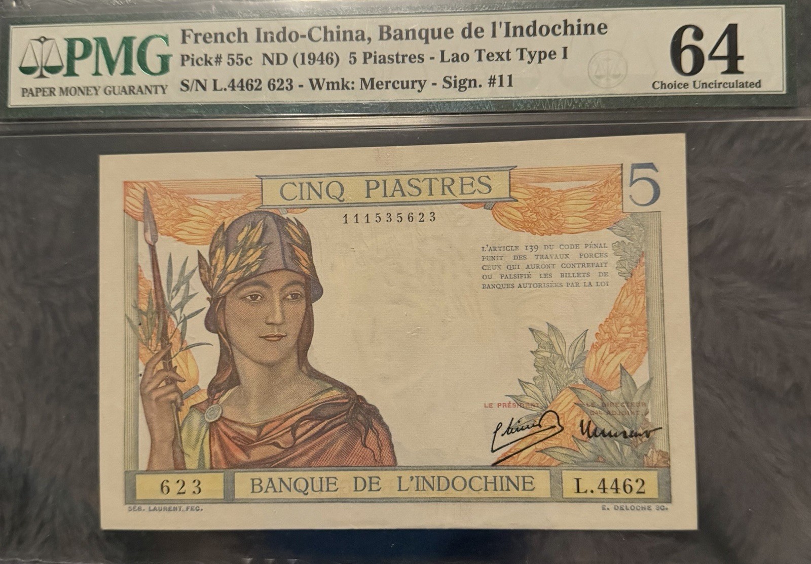 French Indochina 5 Piastres Banknote P-55c ND (1946) Lao Text Type I PMG 64