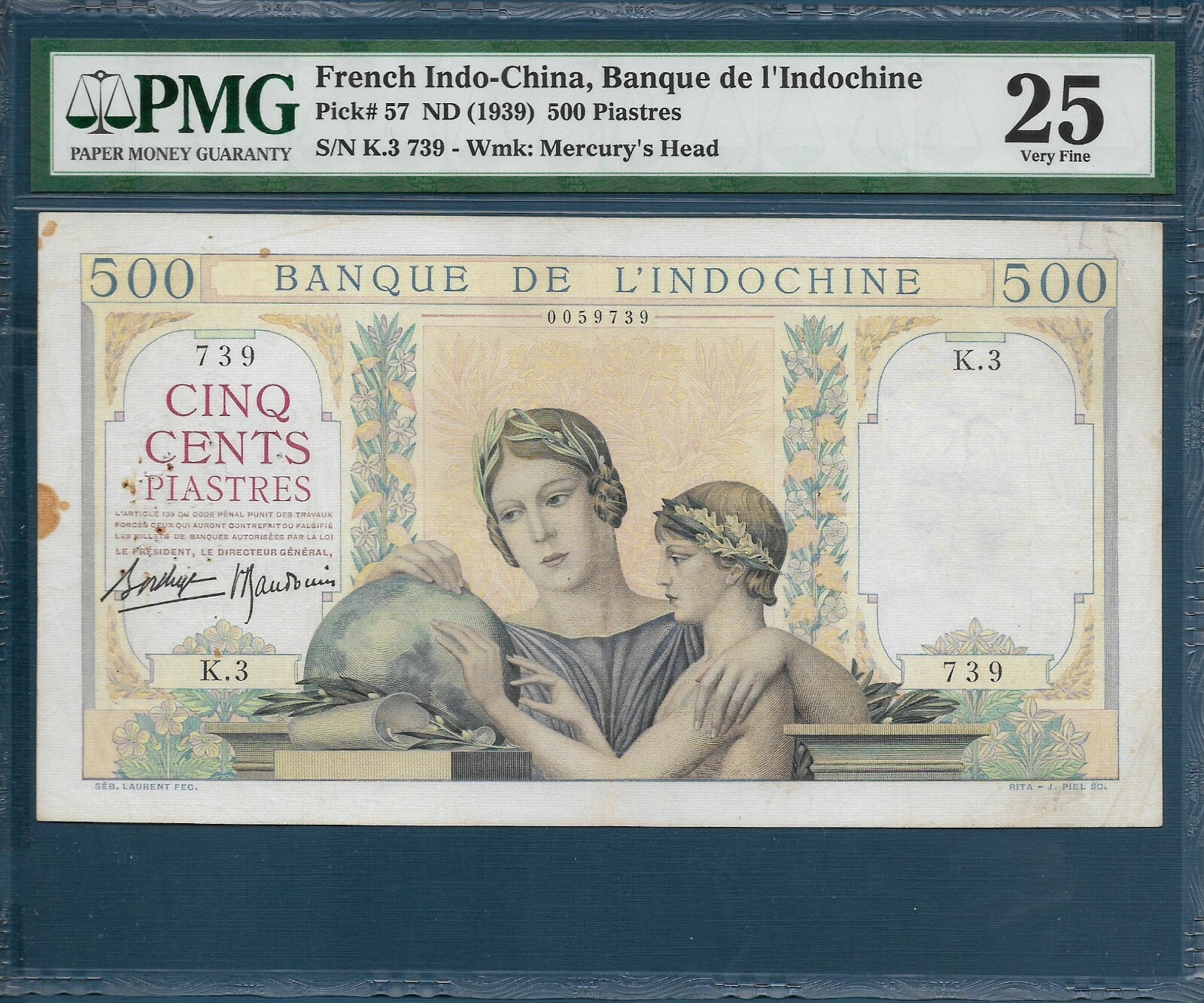 French Indochina Vietnam 500 Piastres, 1939, P 57, PMG VF 25