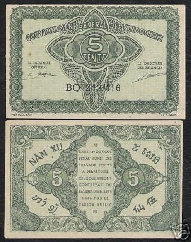 French Indo-China 5 CENTS P-88B 1942 SINGLE PREFIX Vietnamese WorldCurrency NOTE