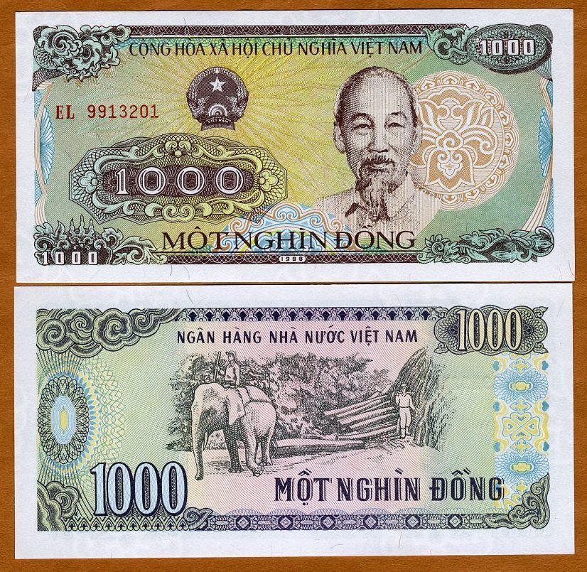 Vietnam, 1000 Dong, 1988 (1989), P-106a, UNC Ho Chi Minh, Working Elephant