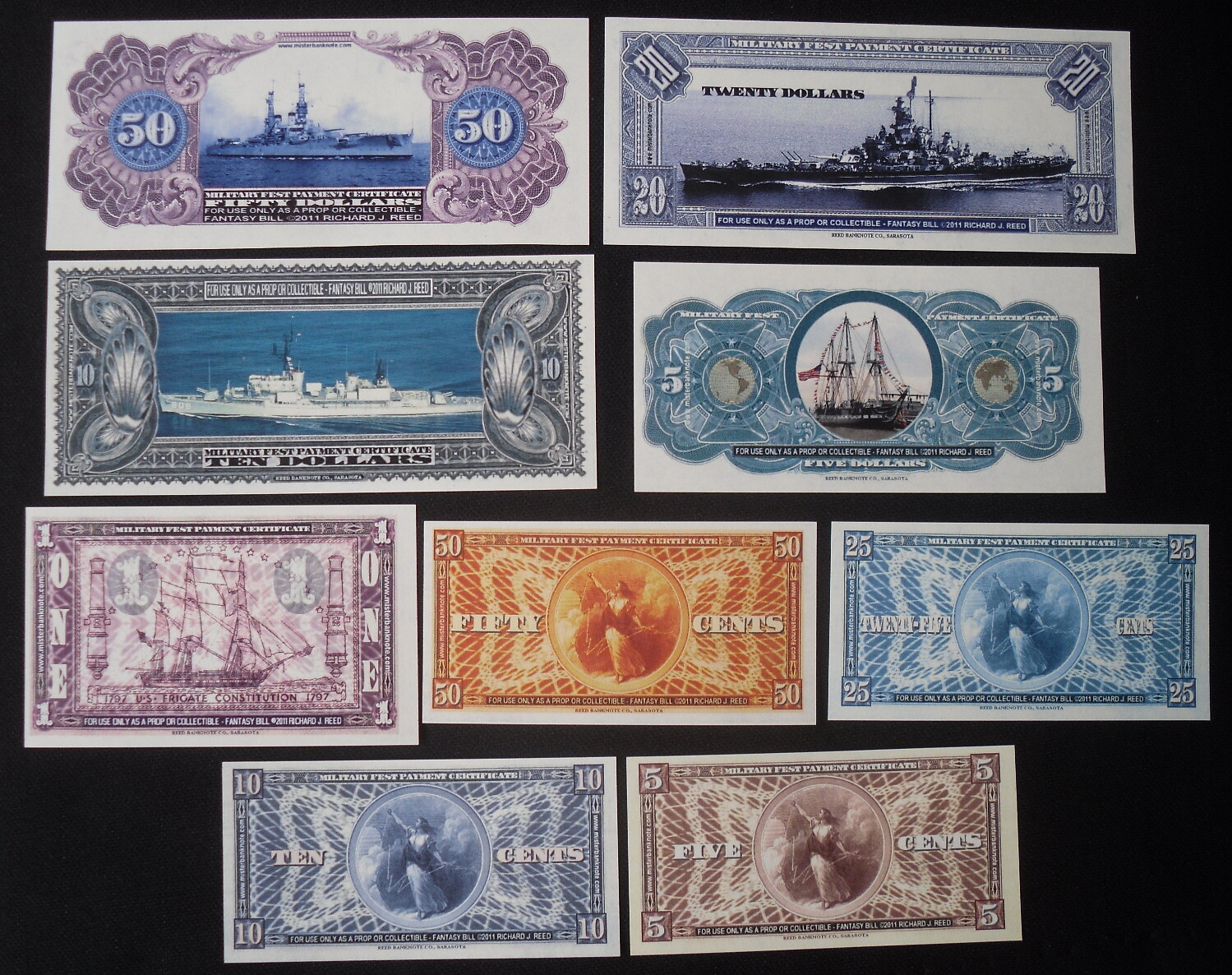 Complete Set of 9 Diff. SPECIMEN USA Series 112 Fantasy Military Pay Cert. (MPC)