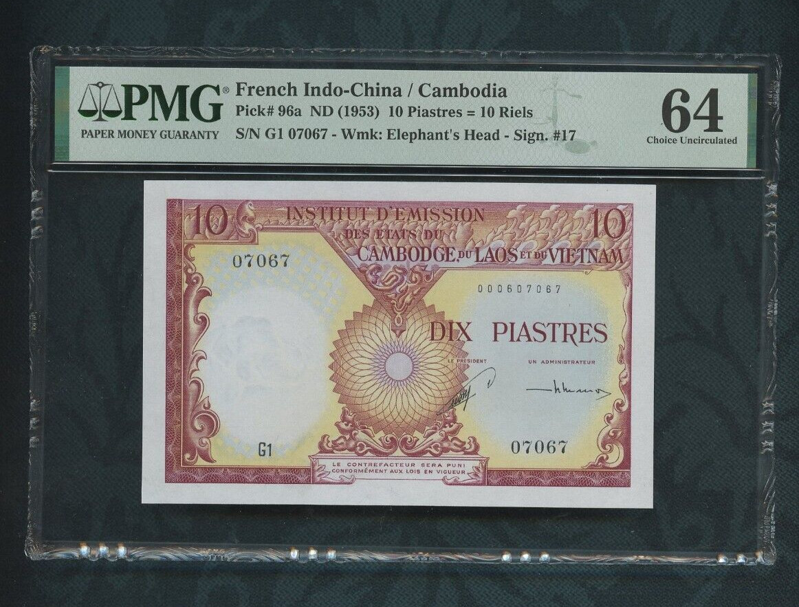 ND(1953) French Indo-China / Cambodia 10 Piastres pick# 96a PMG 64