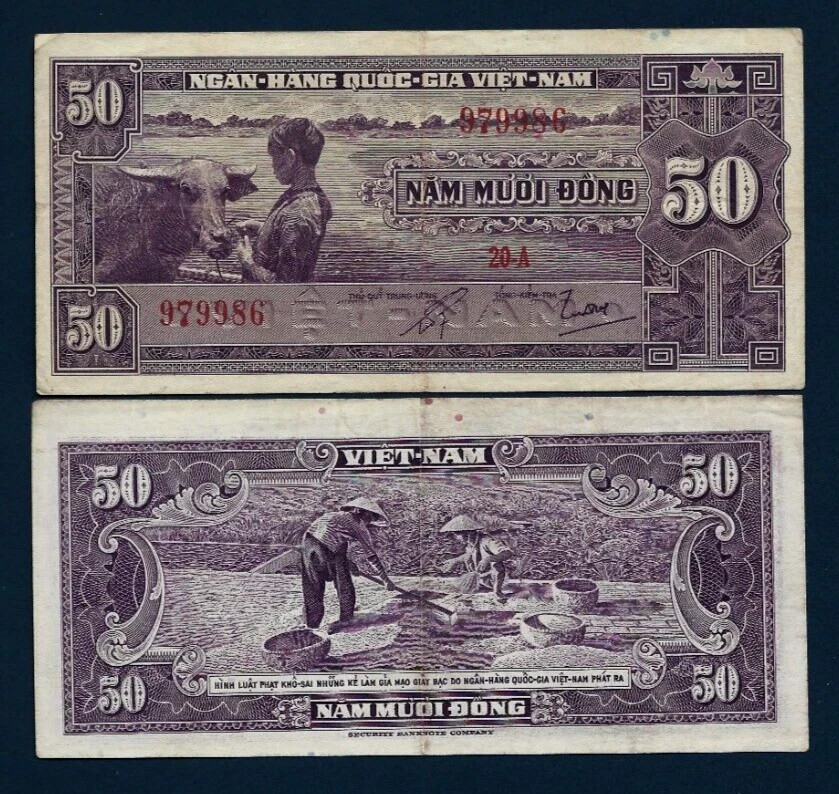 VIETNAM SOUTH 50 DONG P-7 1956 x 1 Pcs RARE Vietnamese Buffalo CURRENCY BANKNOTE