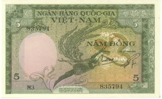 SOUTH VIETNAM ND (1955) 5 Dong; Pick 2a, B104b. About Uncirculated.