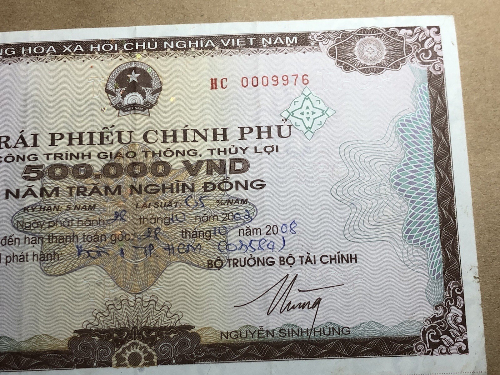 500,000 Dong Payment Bond Cheque Paid 1 year 2003 Original Vintage Rare_LDP Shop