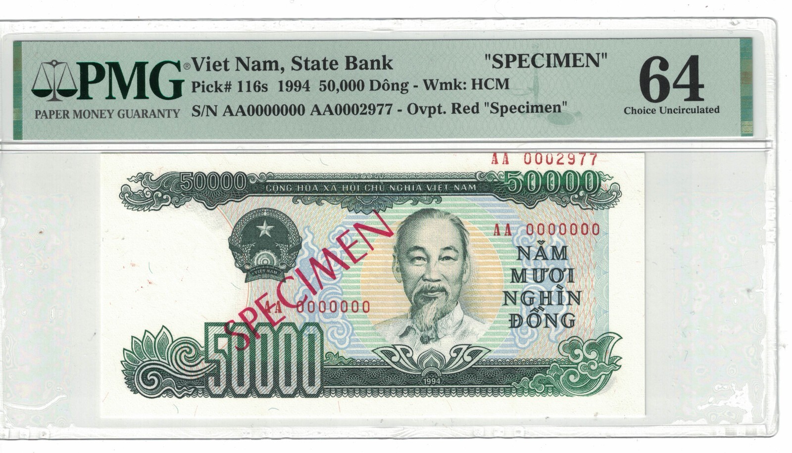 VIETNAM – SPECIMEN 50,000 DONG 1994 PICK# 116s PMG: 64 UNC. #PL2002
