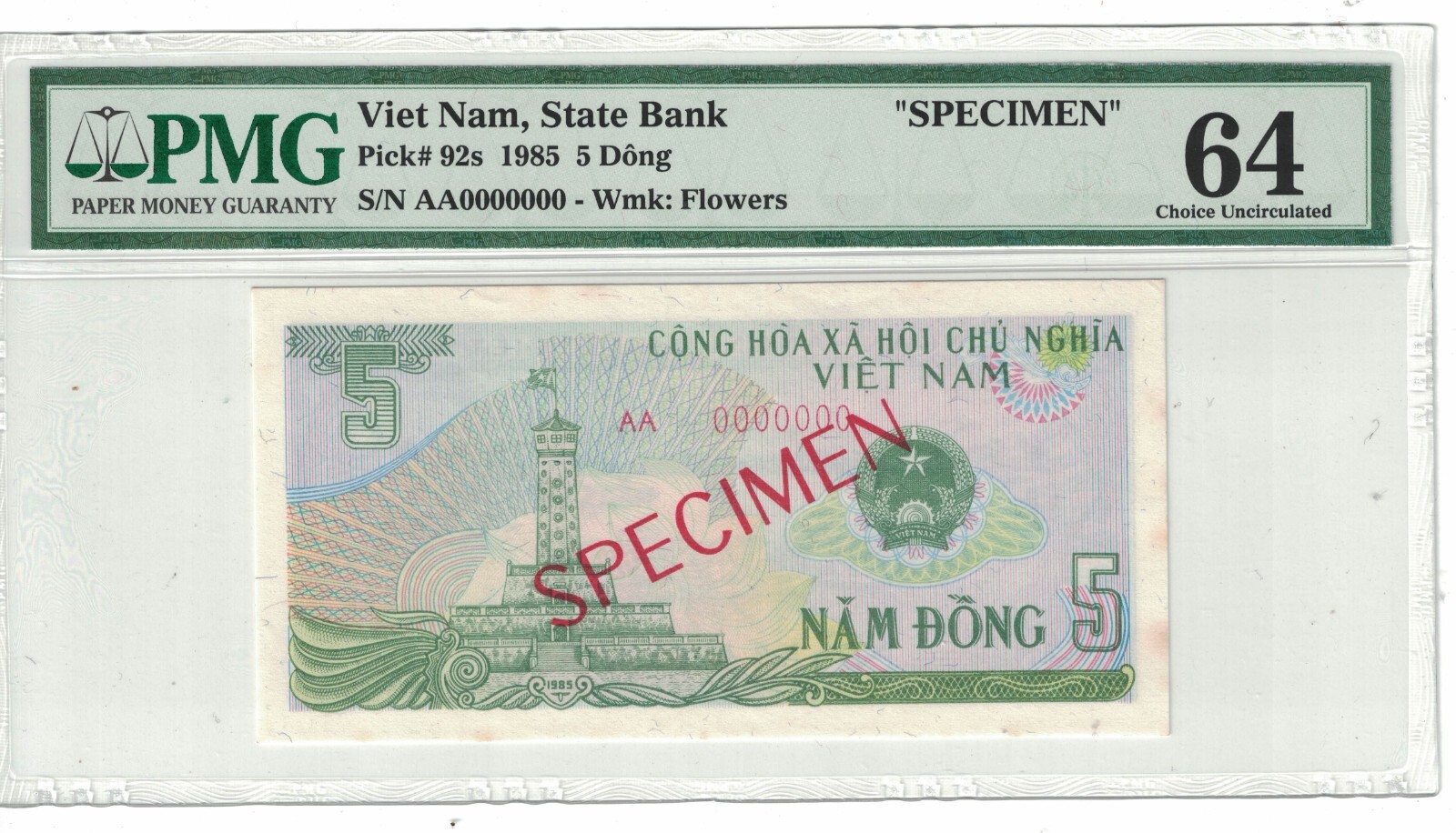 VIETNAM – SPECIMEN 5 DONG 1985 Prefix “AA” PICK# 92s PMG: 64 UNC. #PL2005