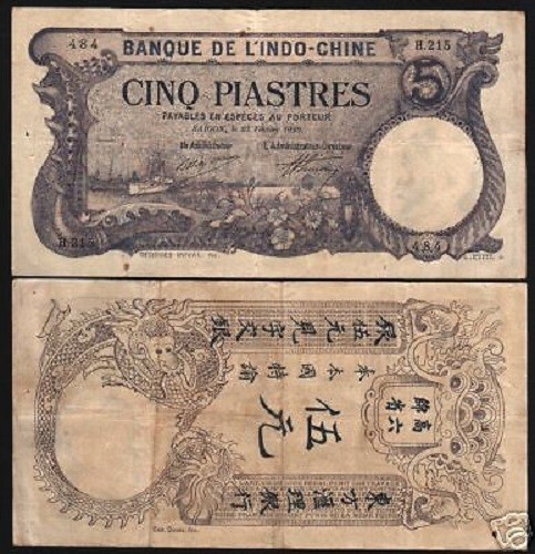 FRENCH INDO CHINA 5 PIASTRES P-40 1920 SHIP RARE VIETNAM CURRENCY MONEY BANKNOTE