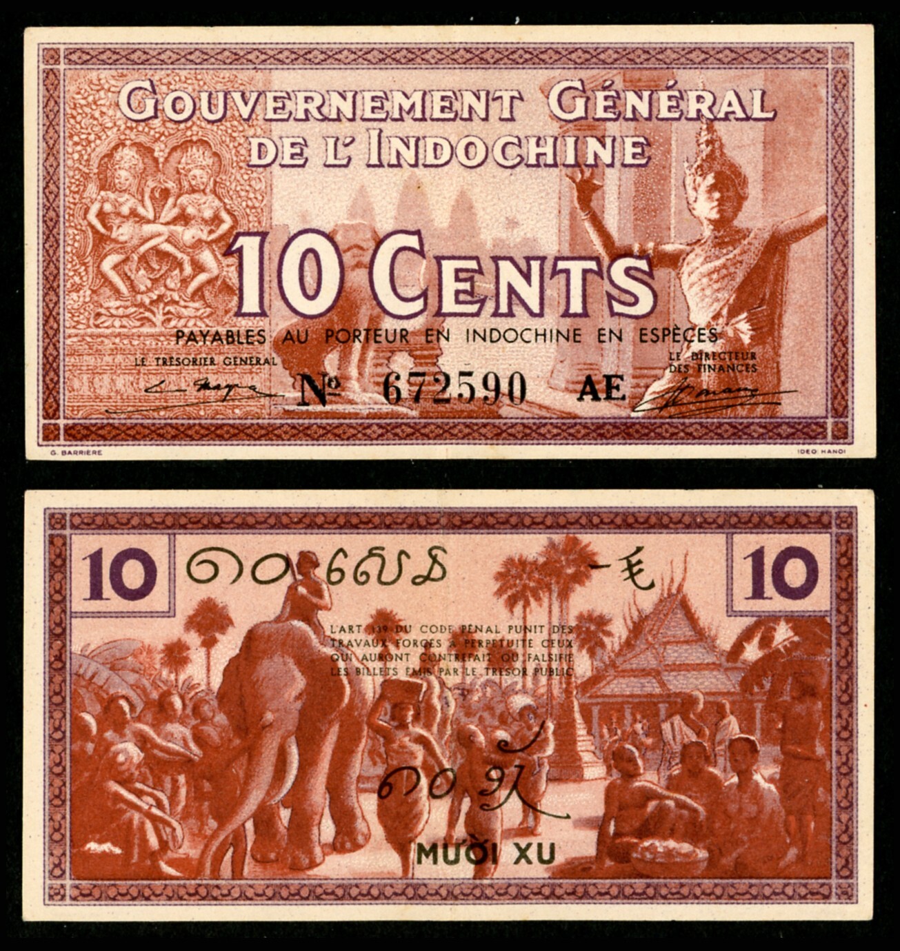 French Indochina / Vietnam 1939 Banknote 2 Different P85, 10 CENTS (2024_IDN33))