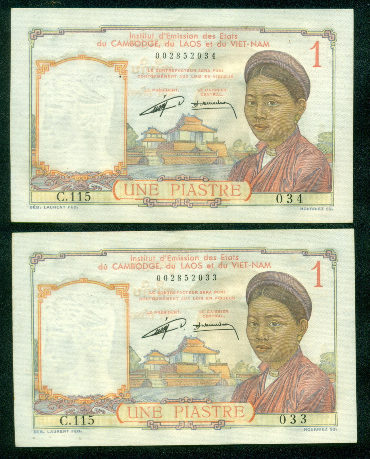 French Indochina 1953, 1 Piastre P. 92 – Consecutive number 2 notes UNC 033/034