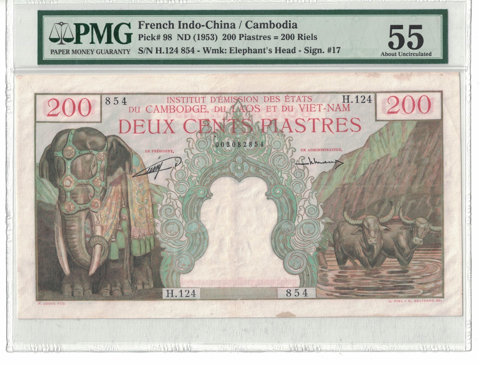 FRENCH INDOCHINA 200 PIASTRES 1953 PICK# 98 PMG: 55 AUNC. #PL2061
