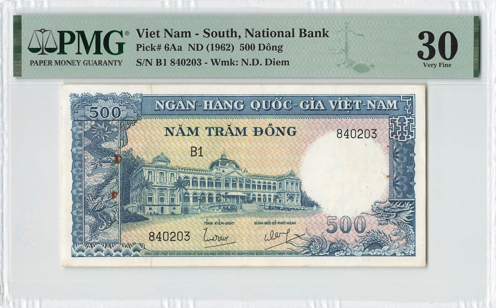 SOUTH VIETNAM 500 Dong 1962, P-6Aa Scarce Type, PMG 30 Very Fine (Rust, Holes)