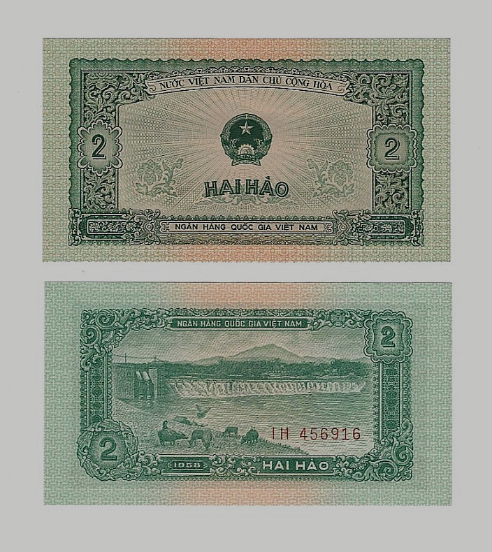 VIETNAM 2 HAO P-69 1958 x 1 Pcs UNC BUFFALO DAM VIETNAMESE EMBLEM BILL BANK NOTE