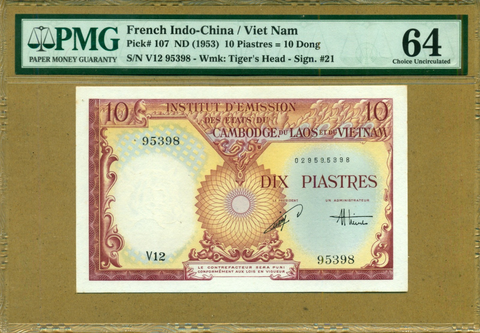 French Indochina Vietnam 10 Piastres = 10 Dong ND (1953) Pick 107 PMG 64