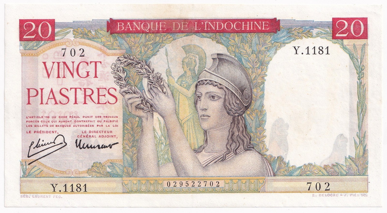 French Indochina 20 Piastres ND (1949) Sign 11 Pick 81a Serial # Y. 1181 702