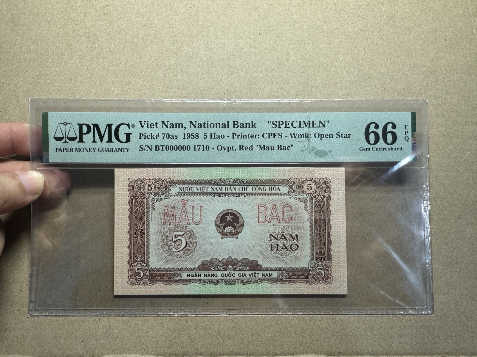 North Viet Nam Banknotes 5 Hao Specimen 1958 PMG 66EPQ P-70as Rare_LDP.