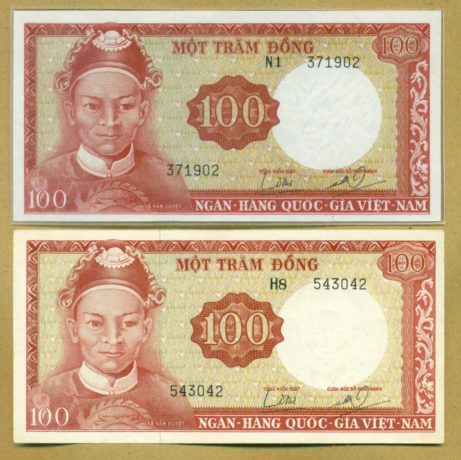 Vietnam 100 Dong (1966) P 19A&B. Watermark: Dragon & Le Van Duyet’s head. Pair