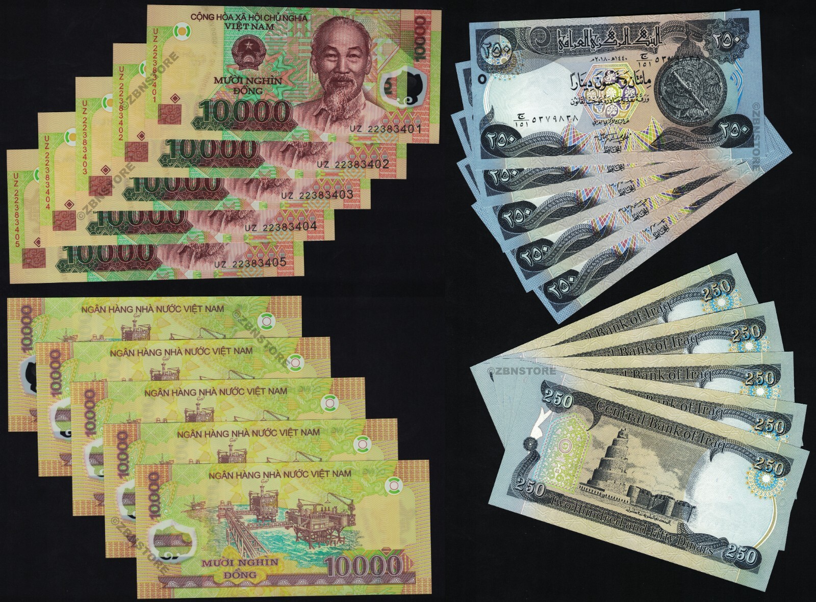 10 x 10000 Vietnam Dong Banknotes + 10 x 250 Dinars Iraq Currency Authentic 2018